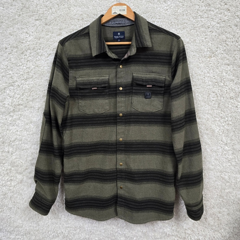 Roark Revival Shirt Mens Medium Green Black Striped Snap Front Flannel Utility